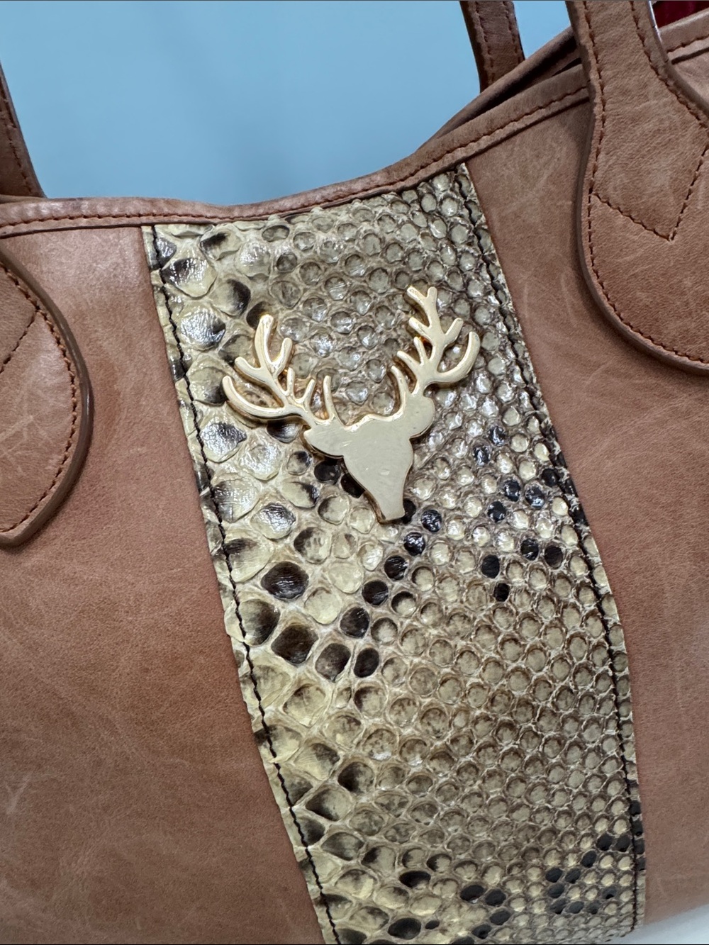Taxidermy Liz Tote. Camel with genuine Python stripe-Medium - Picture 7 of 10